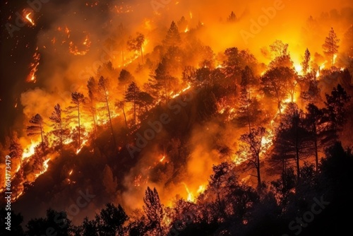 Forest fire disaster, trees burning at night. Wildfire nature destruction. Generative AI © Anastasiya