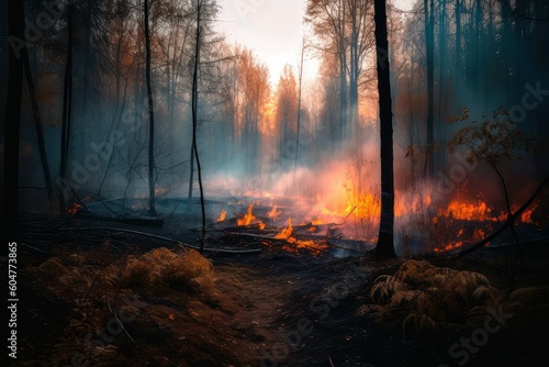 Forest fire, burning trees and bushes, smoke. Destruction of nature by forest fires. Environmental damage caused by global warming. Generative AI