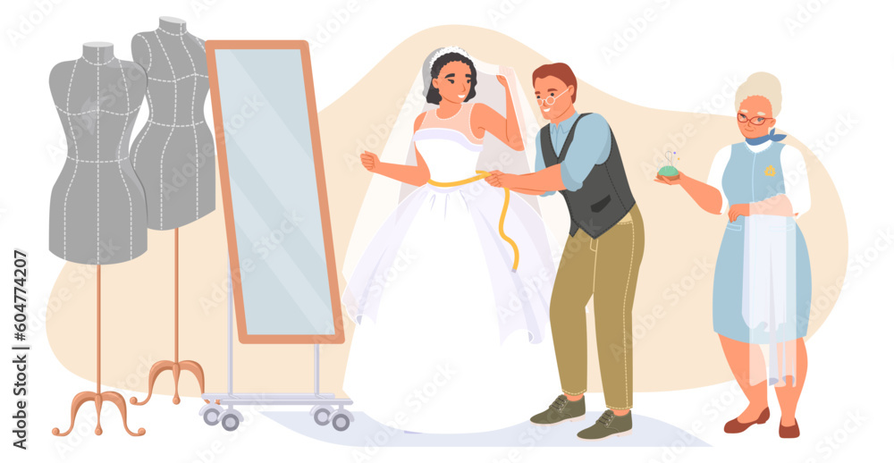 Tailor master taking measurement of bride for wedding dress