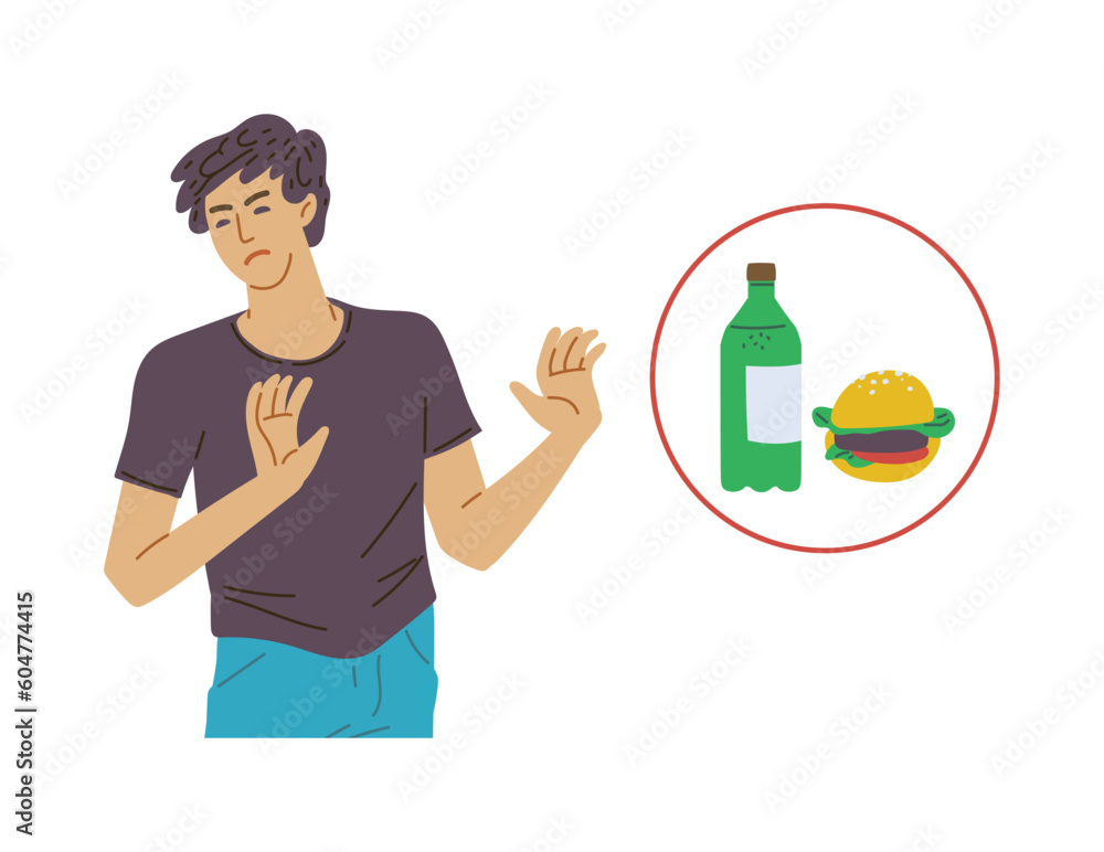 Man saying no and refusing unhealthy food, flat vector illustration isolated.