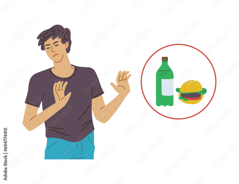 Man saying no and refusing unhealthy food, flat vector illustration isolated. Man saying no and refusing unhealthy food, flat vector illustration isolated.