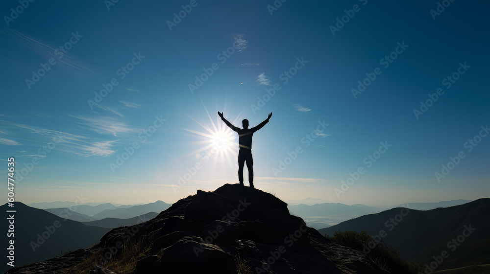 Silhouette of businessman celebrating raising arms on the top of mountain with over blue sky and sunlight.concept of leadership successful achievement with goal,growth,up,win and objective target