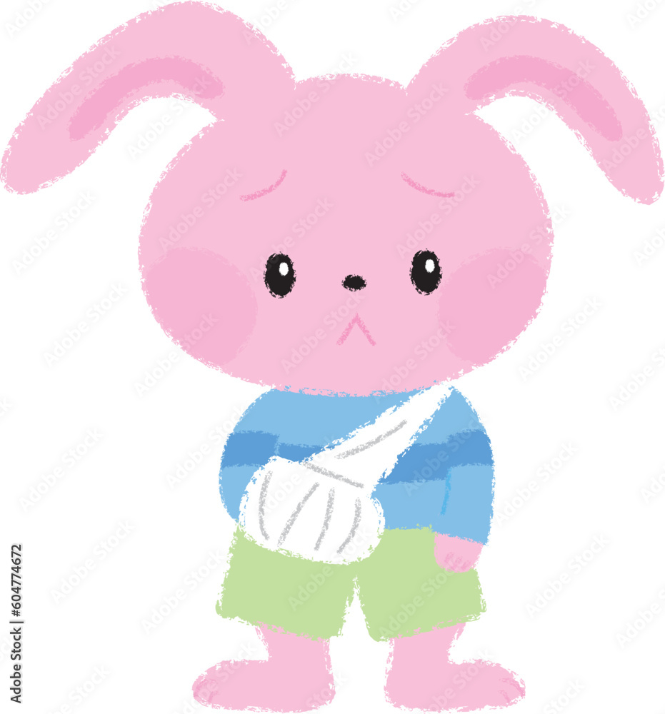 Naklejka premium 骨折して腕に包帯を巻いているうさぎの男の子イラスト
