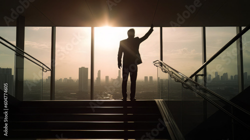 Silhouette of businessman celebrating raising arms on the top stairs with over sunlight.concept of leadership successful achievement with goal winner success growth achieve up win and objective target