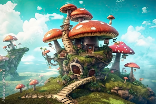 fantastic wonderland landscape with mushrooms, beautiful old castle.AI Generative © surassawadee