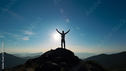 Silhouette of businessman celebrating raising arms on the top of mountain with over blue sky and sunlight.concept of leadership successful achievement with goal growth up win and objective target