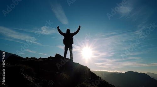 Silhouette of businessman celebrating raising arms on the top of mountain with over blue sky and sunlight.concept of leadership successful achievement with goal growth up win and objective target