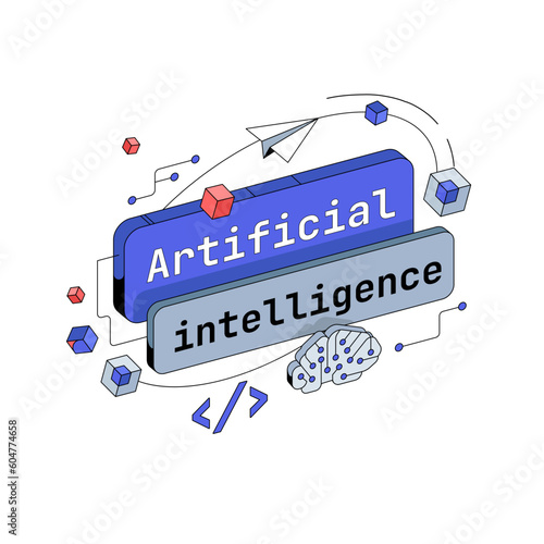 Artificial intelligence button Title plate. 3d isometric Vector illustration.
