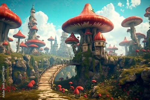 fantastic wonderland landscape with mushrooms, beautiful old castle.AI Generative