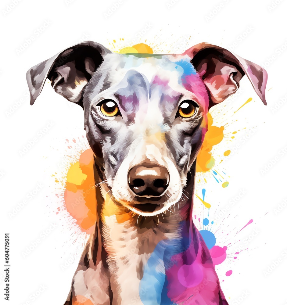 A colorful painting of a greyhound with a black nose and a yellow nose.