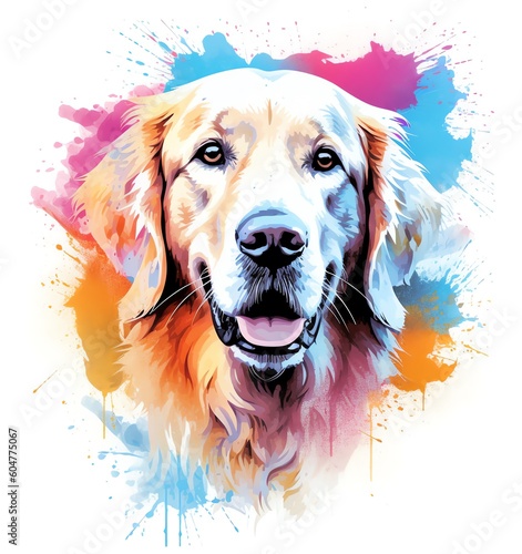 A painting of a golden retriever dog with a colorful splash of paint.