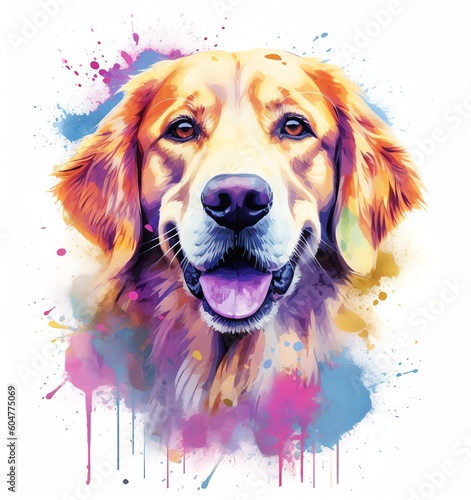 A painting of a golden retriever dog with a colorful splash of paint.