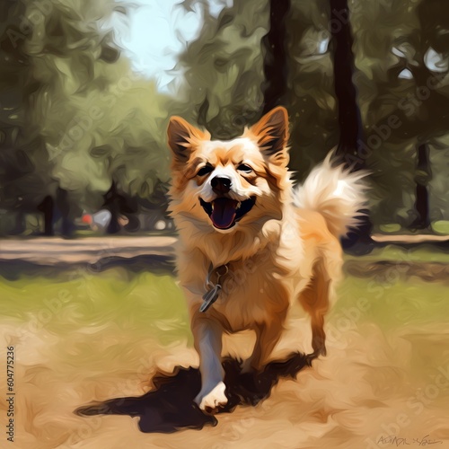 A painting of a dog running in a park. © humberto