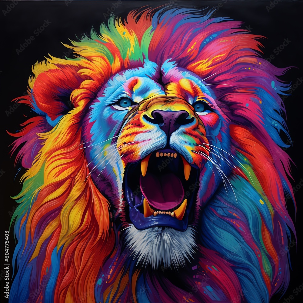 A painting of a lion with a bright mane and the word lion on it.