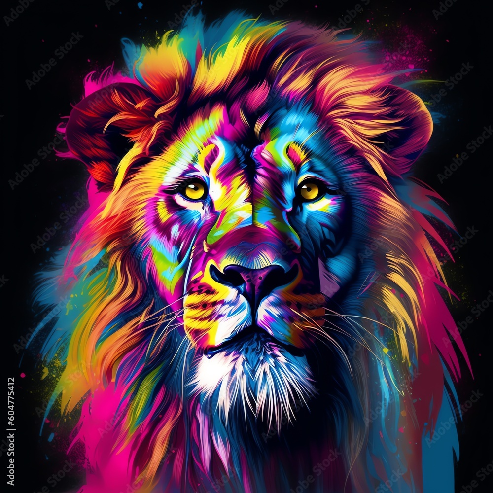 A painting of a lion with a bright mane and the word lion on it. A painting of a lion with a bright mane and the word lion on it.
