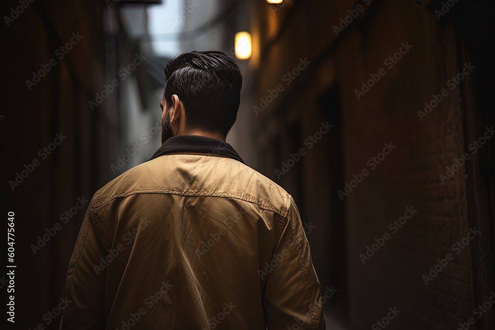 back view of a man walking down a narrow alleyway back view of a man walking down a narrow alleyway