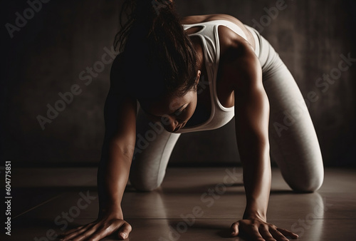 African woman in white gym suite is doing a yoga pose brown background, generative ai