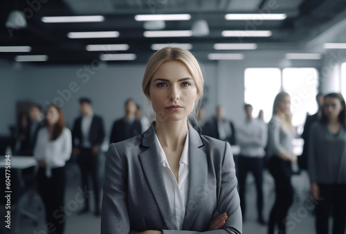 Woman leader standing in front of colleagues full of confident, serous looking, generative ai photo