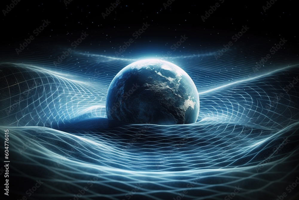 Gravity planet earth, gravitational waves concept. Physical and technology background. Design with gravity grid and spheres, line warp, Curved spacetime. In general theory of relativity. Generative AI - obrazy, fototapety, plakaty 