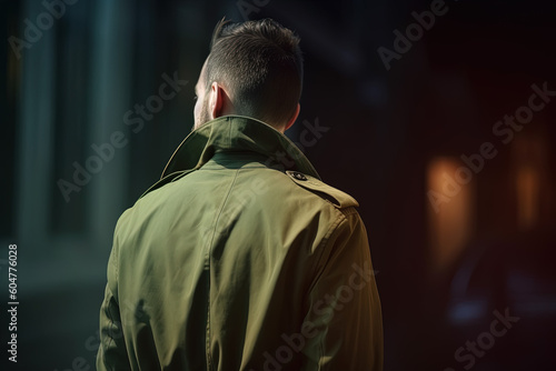 back view of a man walking on the street at the night