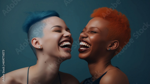 Two afro American women in orange and blue hair are laughing against a blue background, generative ai