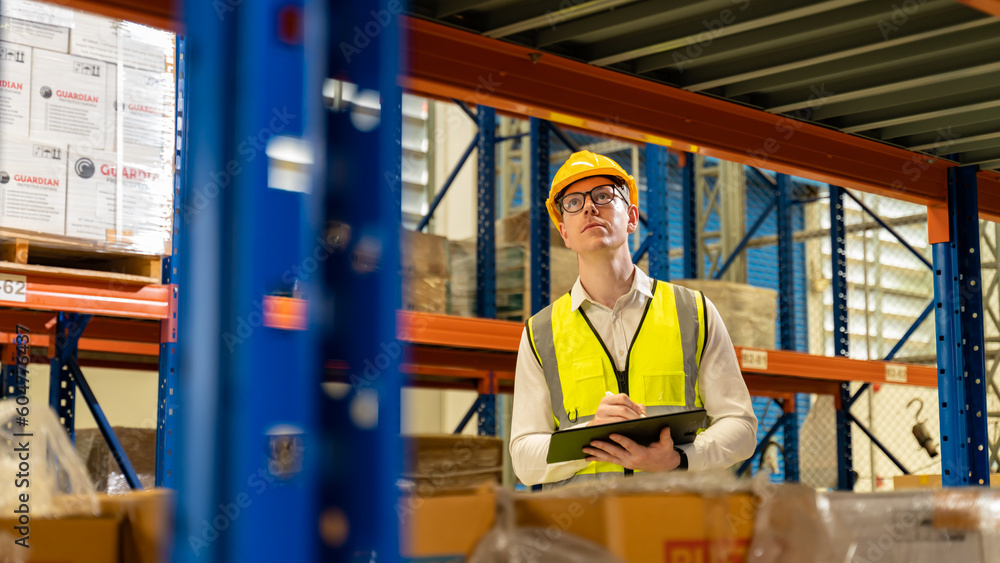 Man warehouse worker with a tablet.Retail Warehouse full of Shelves with Goods in Cardboard Boxes.Worker with scanner making review of goods in warehouse.Product Distribution Delivery Center. Man warehouse worker with a tablet.Retail Warehouse full of Shelves with Goods in Cardboard Boxes.Worker with scanner making review of goods in warehouse.Product Distribution Delivery Center.