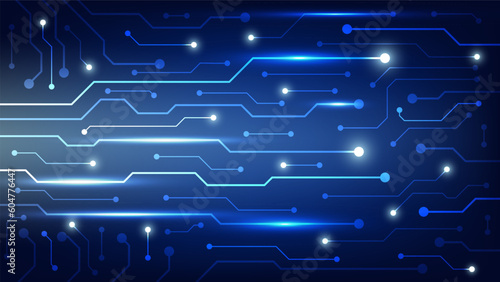 Hi tech digital circuit board. AI pad and electrical lines connected on blue lighting background. futuristic technology design element concept