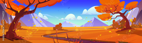 Vector autumn mountain forest landscape with path cartoon background scene. Fall nature scenery illustration with beautiful moutain and cloud in sky. Picturesque panoramic horizon route near highland