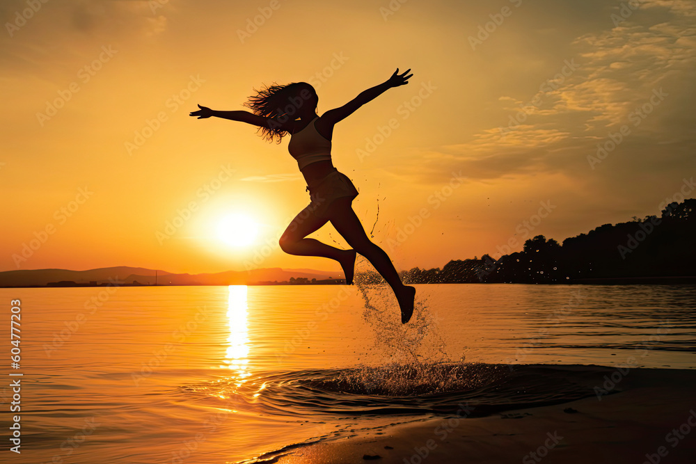 Leave a sparkle wherever you go. Silhouette of an energetic woman jumping on the beach at sunset.AI Generative