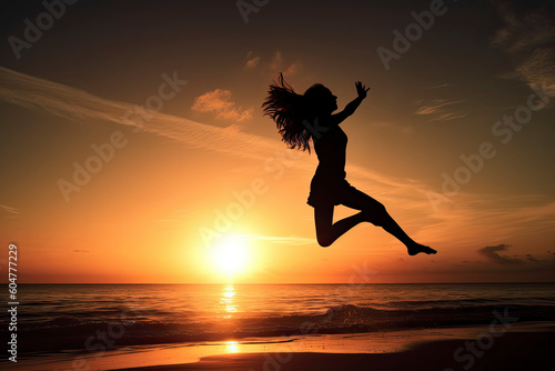 Leave a sparkle wherever you go. Silhouette of an energetic woman jumping on the beach at sunset.AI Generative © surassawadee