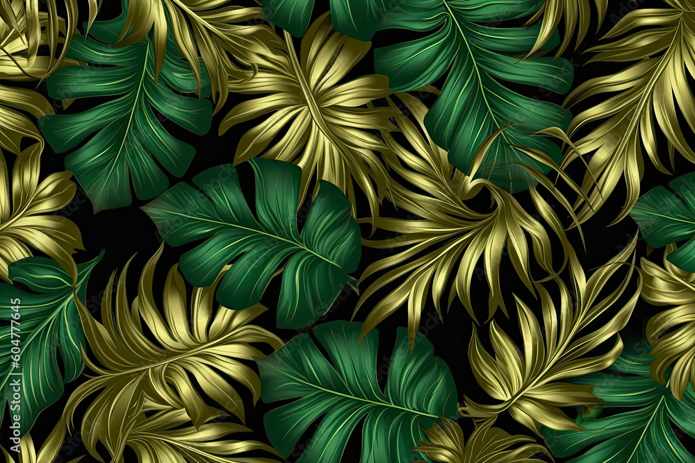 Luxury Seamless pattern with gold and green tropical leaves. vector illustration. summer background.AI Generative Luxury Seamless pattern with gold and green tropical leaves. vector illustration. summer background.AI Generative