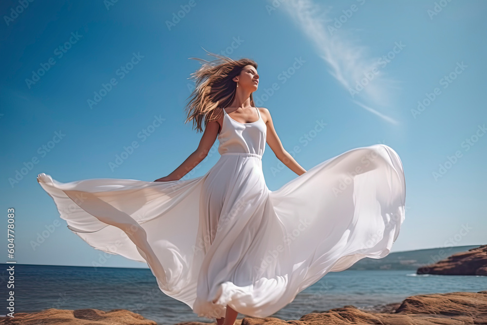 Model in White Dress Flying on Wind. Happy Woman Enjoying Sun looking away at Blue Sky.AI Generative Model in White Dress Flying on Wind. Happy Woman Enjoying Sun looking away at Blue Sky.AI Generative