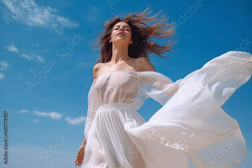 Model in White Dress Flying on Wind. Happy Woman Enjoying Sun looking away at Blue Sky.AI Generative