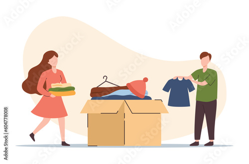 Clothes donation to those in need, flat vector illustration isolated on white background.