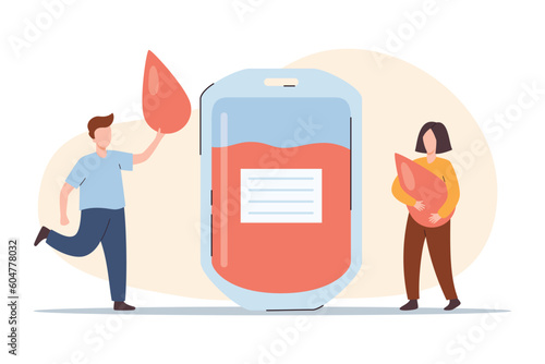 Medical charity concept of blood donation, flat vector illustration isolated.