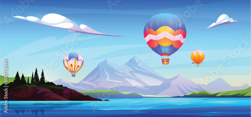 Hot air balloon in sky above the sea water cartoon scene background. Aircraft adventure with lake and mountain view landscape. Flying festive journey near ocean shore horizontal game illustration