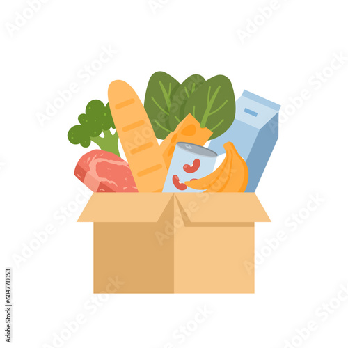 Cardboard box with food products flat style, vector illustration