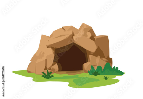 Brown stone cave entrance outside view flat style, vector illustration
