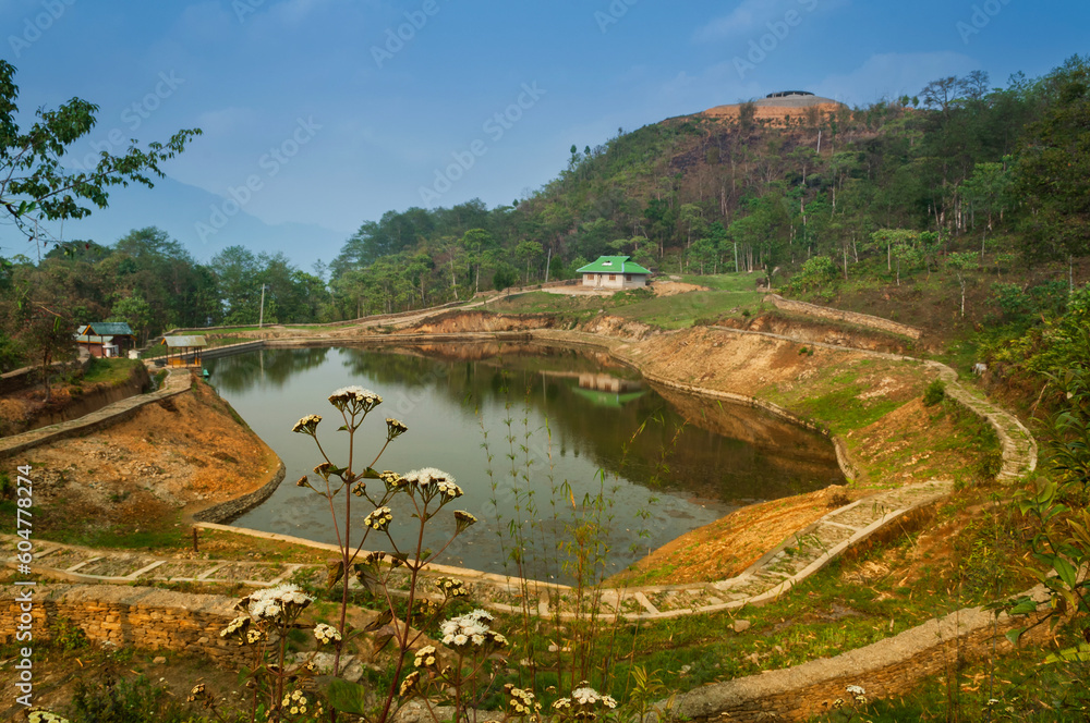 Obraz premium Chayatal or Chaya Taal, West Sikkim, India, Nature, silence and peace. Famous for Reflection of snow-capped Mount Kanchenjunga and Kabru on lake water, Himalayan mountains and forest surrounding.