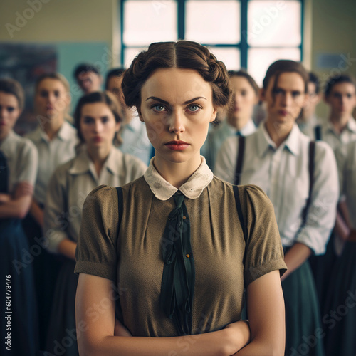Private School teacher or student standing and looking into the camera. Students standing behind her in the background. Serious looking. Vintage retro style. Created with Generative AI technology. photo