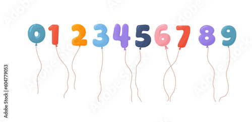 Flying colorful balloons in form of numbers from 0 to 9 flat style