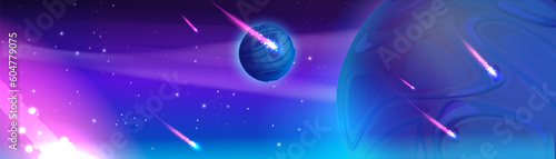 Fantasy outer space background with alien planets and shooting stars. Vector cartoon illustration of beautiful blue cosmic galaxy, comets flying with neon light tails. Magic adventure game backdrop