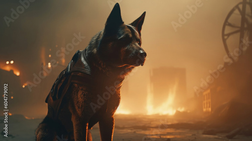 Photo realistic illustration of a cyborg guard dog German Shepherd, in post-apocalyptic wasteland. Anatomy and lighting reference. Generative AI.