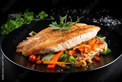 Fish dish fried fish fillet and vegetables Generative Ai