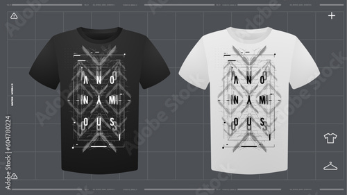 Men's t-shirt with futuristic print mockup. Front view. Vector template. Cyber Hud Design print.