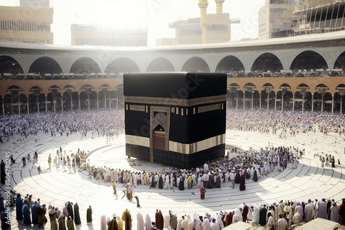 Ai generated illustration Muslim Pilgrims at The Kaaba in Hajj. photo
