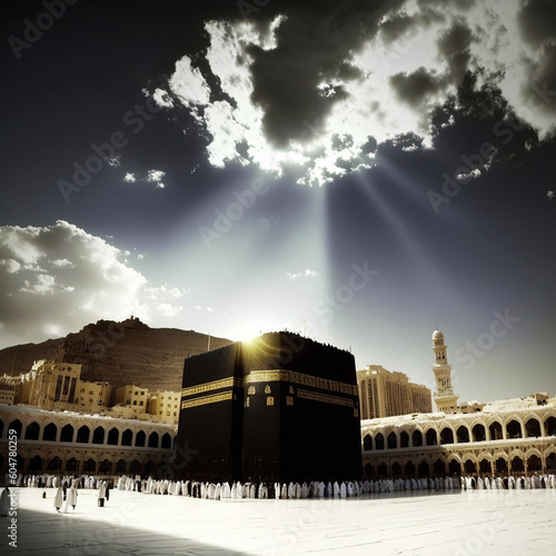 Ai generated illustration Muslim Pilgrims at The Kaaba in Hajj. photo