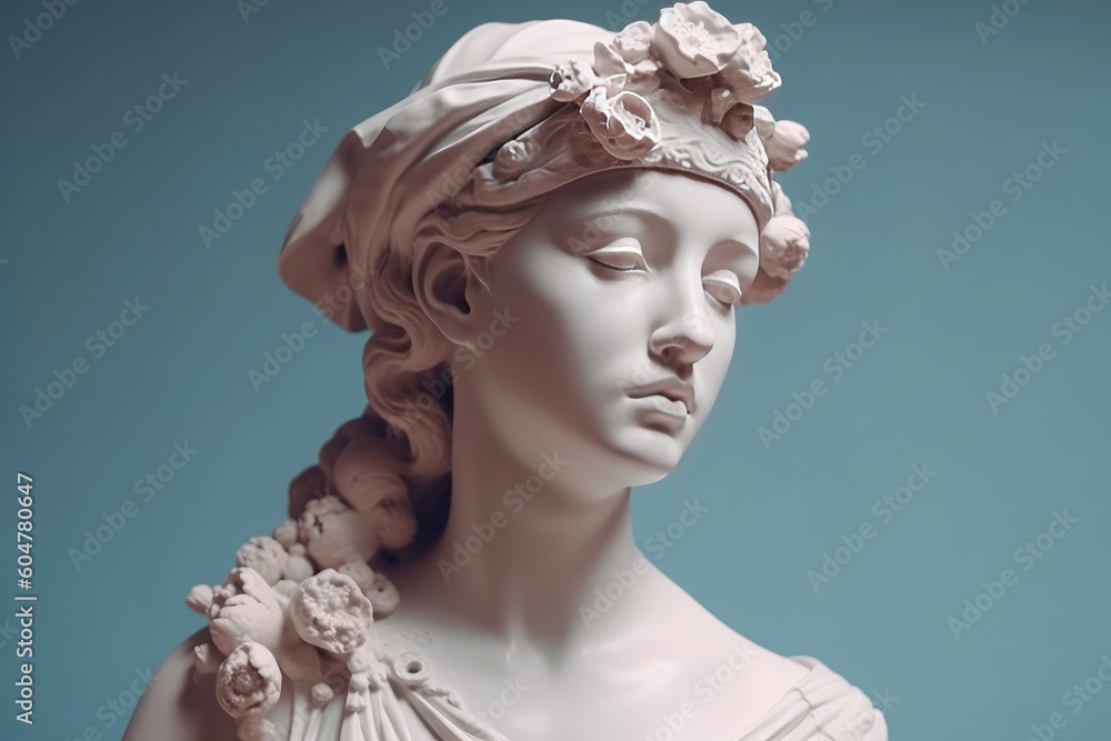 Ancient Greek antique sculpture of a woman, goddess, made in pastel colors of the background. Generative AI.