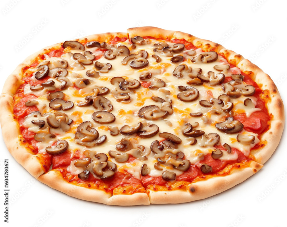 pizza with mushroom topping on white background