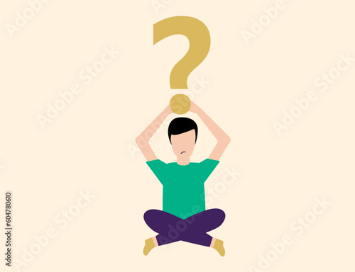 Man holding on to a big question mark. Illustration of confused man thinking for solution. 